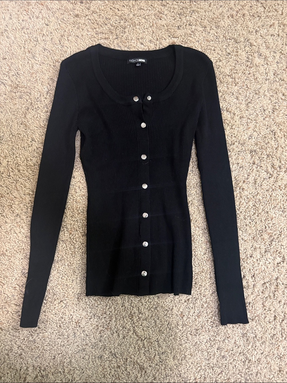 Fashion Nova Black Ribbed Button-Front Long Sleeve Top